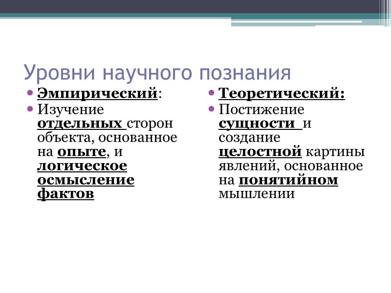Уровни научного познания     Эмпирический: Изучение отдельных сторон объекта, основанное на